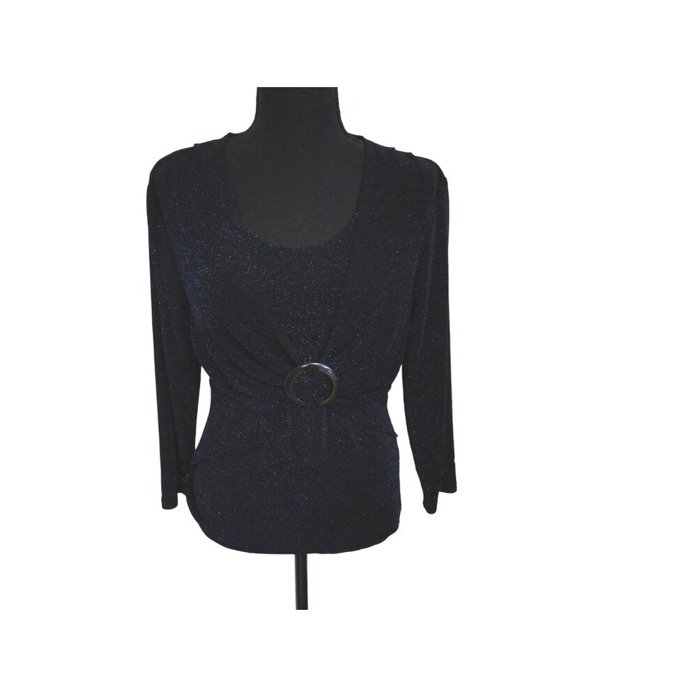 Connected Apparel Top Womens Medium M Black Blue Sparkle Long Sleeve Knit Blouse - Picture 4 of 7